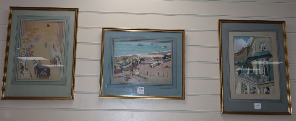 Modern British, three gouache with watercolour, 1930s views of figures on a Kemp Town balcony, Seafront stalls and Early morning beer